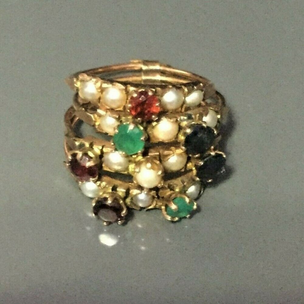 Victorian Rose Gold, Ruby, Sapphire, Emerald & Pearl Multi Band Ring size 6